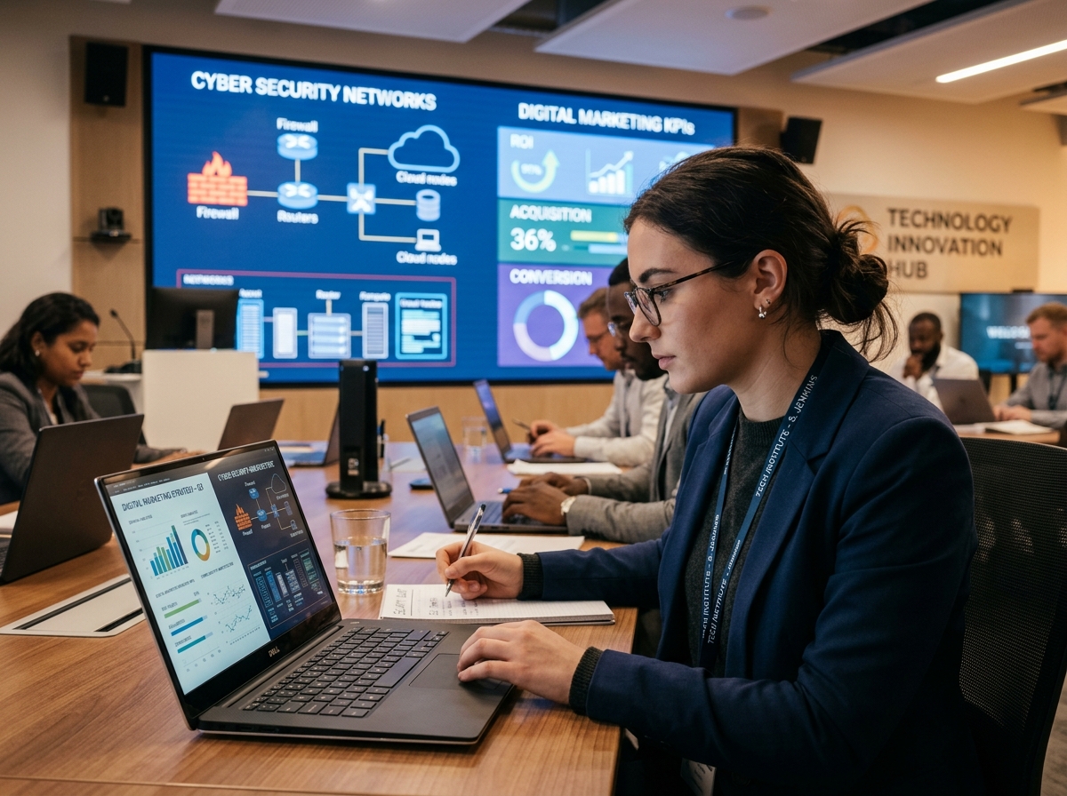 Students learning core digital marketing and cybersecurity principles in a modern training room